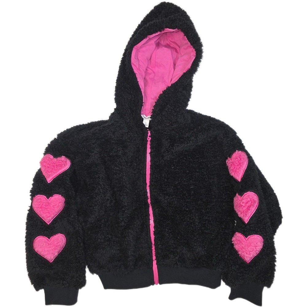 Splendid Girls Size 10 Black Faux Fur Heart Sleeve Zip Up Hoodie